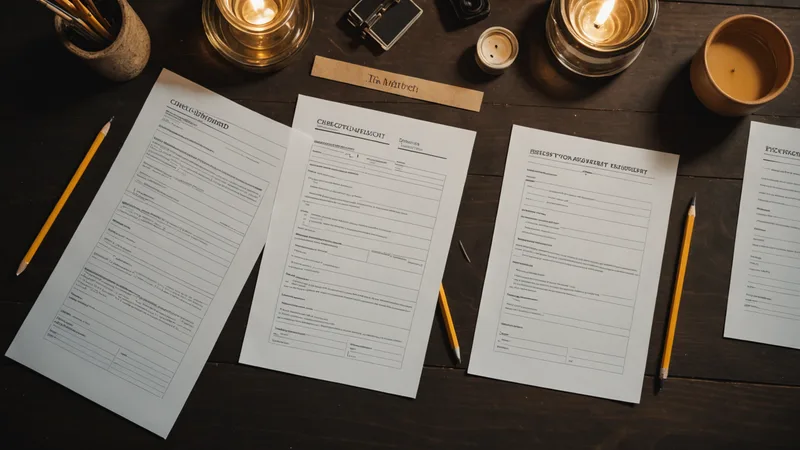 Row of software comparison documents and a checklist on a desk