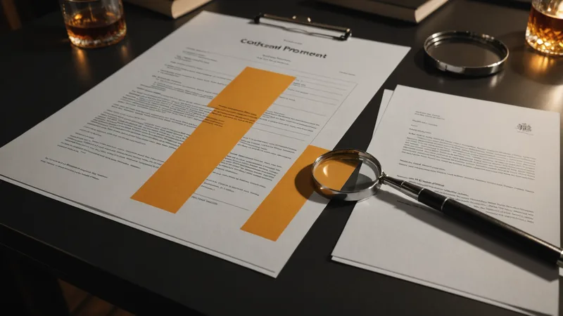 Two contracts side by side on a desk with magnifying glass